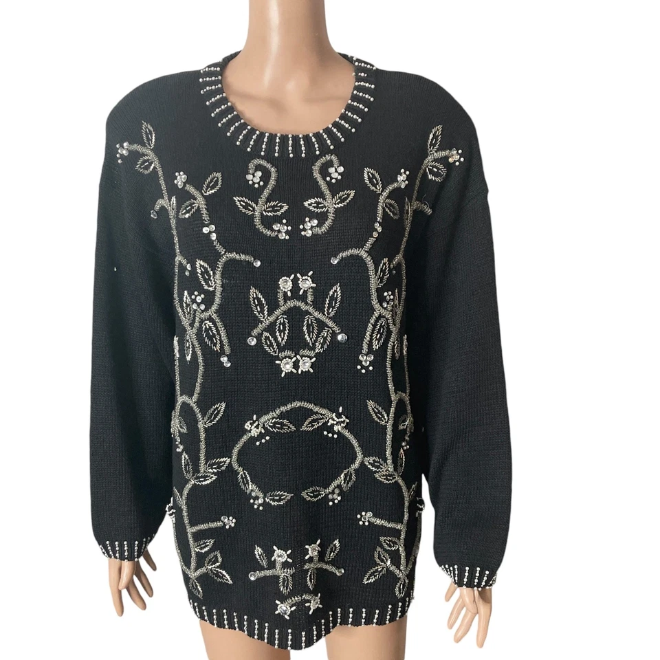 Vintage Victoria Harbour Sweater Womens Large Beaded Rhinestone Black White  - Image 1 of 4
