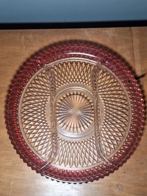 Vintage Indiana Glass Relish Tray Pink Ruby Flashed Diamond Point Serving Tray  - Image 1 of 4