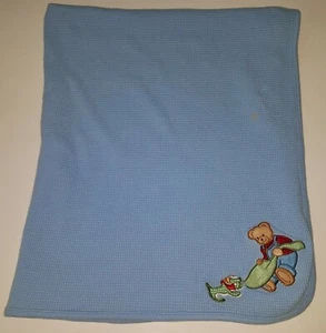 Blue Jean Teddys Bear Waffle Knit Thermal Blanket Dog Baby Boy Lovey SPOT AS IS - Picture 1 of 6