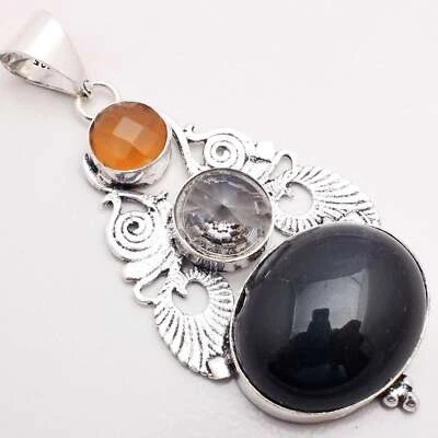 Onice Nera Gemma 925 Ciondolo Placcato Argento Handmade Gioielli Regalo 6.6cm - Immagine 1 di 3