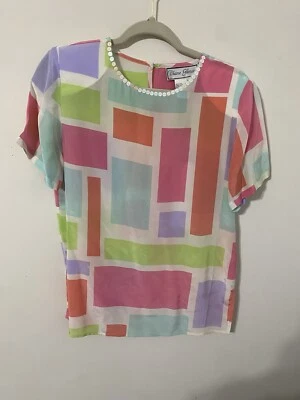 Blusa Top Camisa Diane Gilman Lentejuelas Seda Pastel Retro Transparente Foto 1 de 4