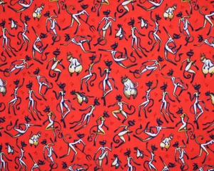 100% Cotton Fabric Little Johnny Halloween Devil Dance Demon Trikster on Red - Picture 1 of 4