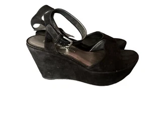 Stuart Weitzman Lockness Nubuck Sandal Black Wedge Heels Platform Suede 9M EUC - Picture 1 of 10