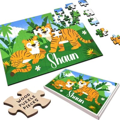 Tigers Safari Children's Kids Gift Custom Personalised Wooden Jigsaw Puzzle - Image 1 of 4
