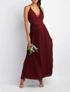 V-Neck Maxi Dress Long Low Deep Plunge Pleated Cherry Coded Hot Prom Bridesmaid - Picture 1 of 2