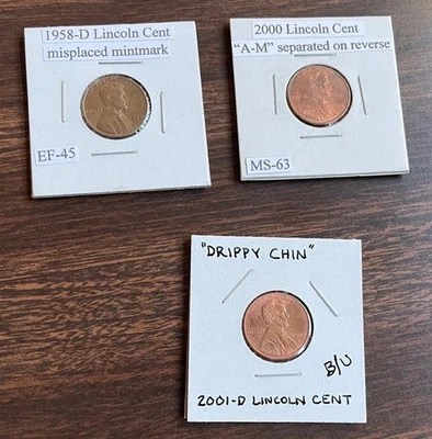 3 Lincoln cents ***ERROR COINS*** "A-M separate, Misplaced MM & "Drippy Chin" - Image 1 of 4
