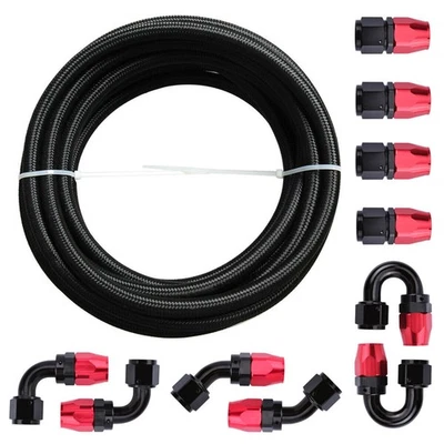 ​16FT 6AN Fuel Line Kit Nylon Braided Fuel Line Hose Fitting Kit CPE Black Red - Image 1 of 4