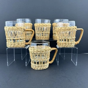 Libbey Glass Cups with Wicker Rattan Cup Holders (6) Tropical Boho Vintage - Picture 1 of 24