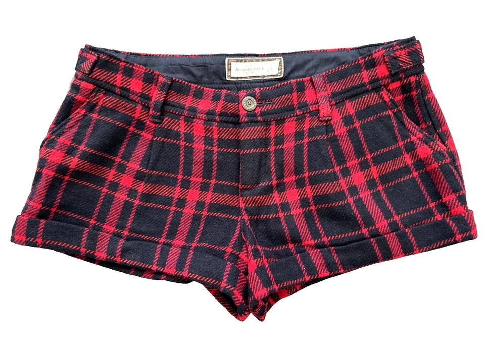 Шорты женские Abercrombie & Fitch размер 2 короткие красные темно-синие клетчатые с подкладкой шерстяная смесь - Изображение 1 из 4