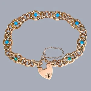 Antiguo brazalete victoriano de oro rosa de 9 quilates con cierre de candado de corazón turquesa - Imagen 1 de 7
