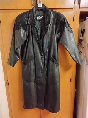 VTG Winlit Long Lenth Black Leather Trench Coat Women's Small Paisley Trim 80s - Image 1 of 4