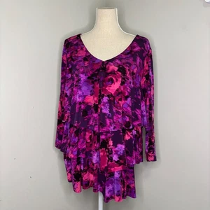 Maglia liquida Susan Graver rosa viola maglia elasticizzata a strati manica 3/4 taglia XL - Foto 1 di 8