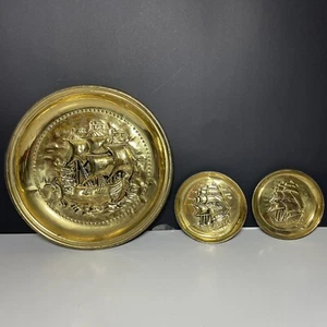 3 Vintage Hammered Plates Made in England Brass Wall Decor Elfec Ships - Picture 1 of 14