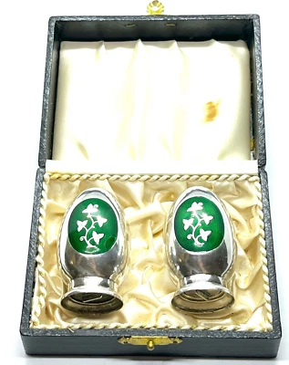 Vintage Boxed Danish MEKA Sterling Silver Guilloche Enamel Salt And Pepper Set - Image 1 of 4