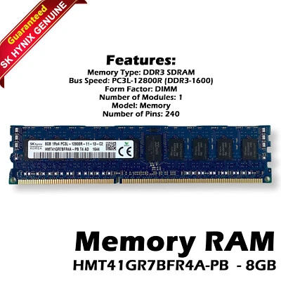 SK Hynix HMT41GR7BFR4A-PB 8GB DDR3-1600 RDIMM PC3L-12800R Single Rank x4 Module - Image 1 of 4