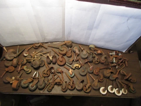 LOT of ANTIQUE ARCHITECTURAL SALVAGE WHEEL CASTORS - WOODEN WHEELS - STEAMPUNK Cover