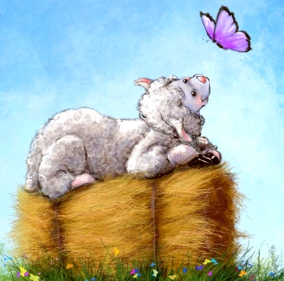 Impresión artística de vivero en lienzo 16 x 20 animal oveja mariposa flor cordero azul pared Foto 1 de 4