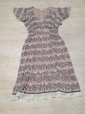 FLAWS Max Studio Leaf Flutter Sleeve Smocked Waist Ruffle Hem Midi Dress Sz L - Image 1 of 4