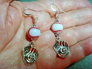 2 1/4" Drop Dangle Baseball Mitt & Ball Team Spirit Silver Plated Earrings - Picture 1 of 6