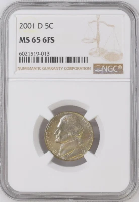 :2001-D 5C JEFFERSON-NICKEL GEM-BU NGC-MS-65-6FS RARE LOW-POP HIGHEST-GRADES - Image 1 of 2