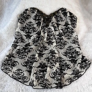 MANDEES Y2K SMALL BLACK & WHITE EMBELLISHED SHEER SATIN CORSET TOP DARK FEMININE - Picture 1 of 8