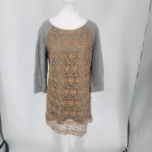 Dolan Left Coast Tunic Top Sweatshirt  Pullover Gray Crochet Overlay Size Large - Picture 1 of 8
