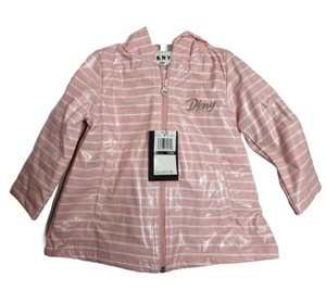 NWT DKNY Baby Girl's Pink White Striped Lined Raincoat Jacket Pockets Size 12Mos - Picture 1 of 4