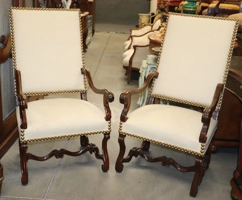 Companion Near Matched Pair of Brass Studded French Mutton Leg Armchairs Cover