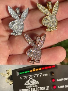 MOISSANITE Playboy Bunny Pendant Iced Real Solid 925 Silver Gold Rose Plated