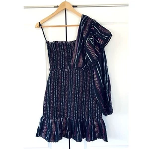Farm Rio Kleid Lurex schwarz metallic gestreift Mini gesmockt eine Schulter NEU Größe M - Bild 1 von 9