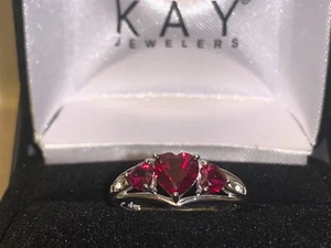 “LAST 1” *NEW* Kay Jewelers Sterling Silver Lab Created 3 Heart Shaped Ruby Ring - Picture 1 of 6