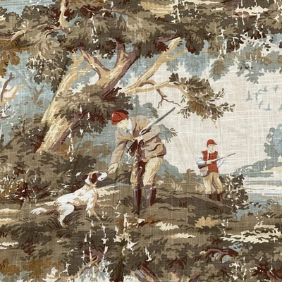 Avondale Covington Fabric Hunt Fish Scene Toile Linen Brown Blue 2 Pieces 4+Yds - Image 1 of 4