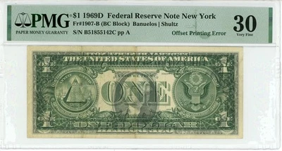 1969D Offset Printing Error $1 Federal Reserve Note New York Fr#1907-B 30 PMG - Image 1 of 2
