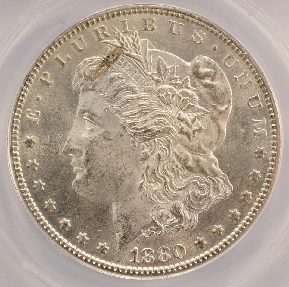 1880-S $1 dólar Morgan inclusión de escoria anverso ANACS MS63 Foto 1 de 4