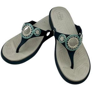 Crocs Sanrah Diamante Wedge Slip On Sandel Blue Mosaic Embellished Sz 7 Thong - Picture 1 of 8