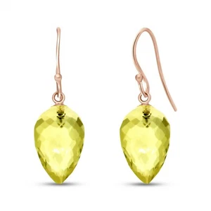 14K. SOLID GOLD FISH HOOK EARRINGS WITH NATURAL POINTY BRIOLETTE QUARTZ LEMON - Picture 1 of 8
