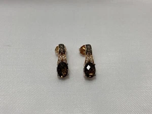 LeVian 14K Strawberry Gold Chocolate Quartz Earrings Chocolate Vanilla Diamonds - Picture 1 of 6