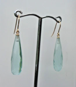 Or Oreilles Goutte Pendantes 9ct Or & Aigue-Marine Verre Cristal Percé Crochet - Picture 1 of 6
