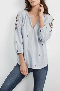 Anthropologie Velvet by Graham & Spencer Beaded Striped Peasant Top Size L $119 - Picture 1 of 7