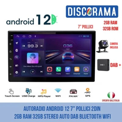 AUTORADIO ANDROID 12 7" POLLICI 2DIN 2GB RAM 32GB STEREO AUTO DAB BLUETOOTH WIFI - Immagine 1 di 4