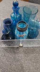 Collection Of 8 Antique Blue Cobalt  Glasses Mini Bottles Handpainted Opaline - Picture 1 of 15