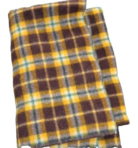 Coperta lana vintage marrone giallo a quadri 38x48" bordo cucito - Foto 1 di 7
