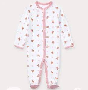Neu ohne Etikett Ralph Lauren Polo Bear Baumwolloverall mit Füßen rosa gestreifter Besatz Größe 3m - Bild 1 von 6