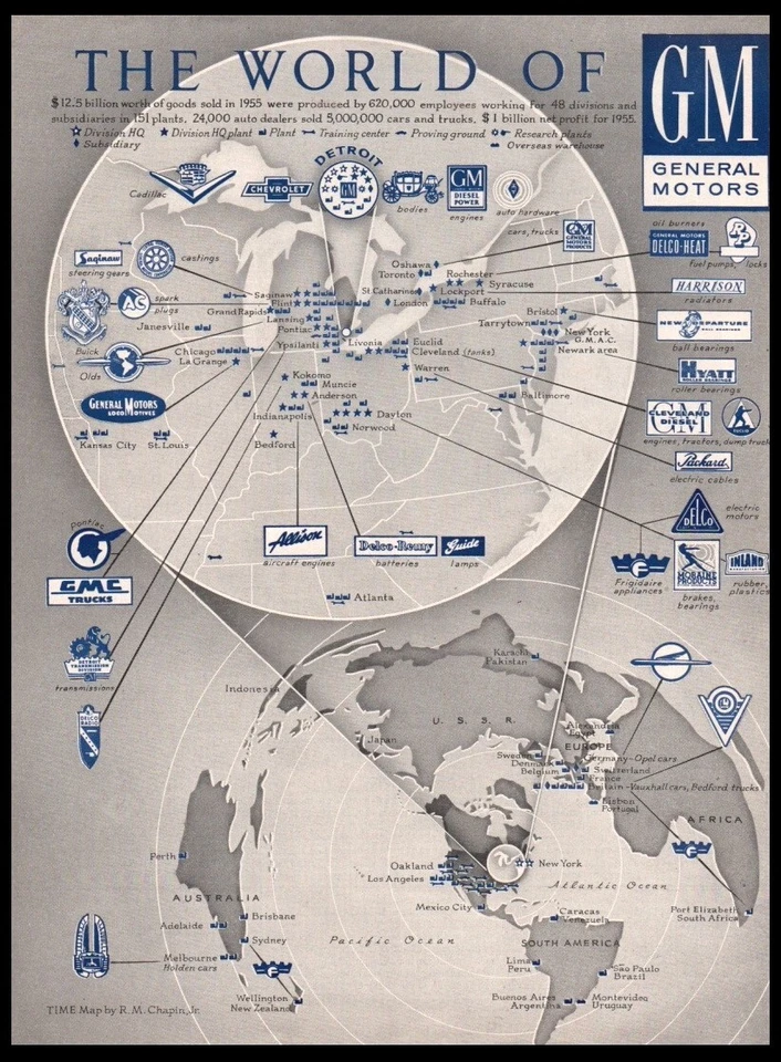 1956 General Motors-The World of GM-globe map  ORIG. print ad-Man Cave Garage Foto 1 de 1