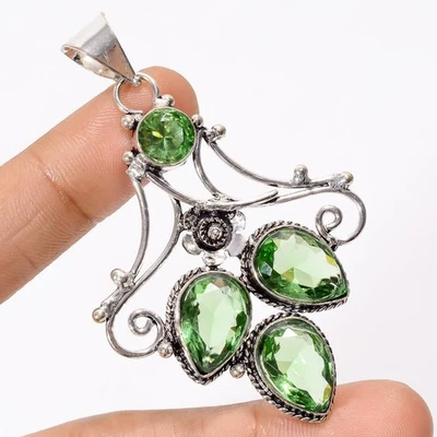 Green Amethyst Gemstone Handmade 925 Sterling Silver Jewelry Pendant Size-2.25" - Image 1 of 2