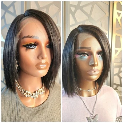 Peluca marrón oscuro peluca recta frente encaje mezcla cabello humano peluca corta marrón sin pegamento Foto 1 de 4