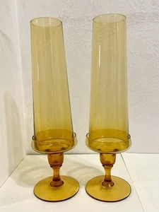 Mid Century Amber Glass Hurricane Candle Holders - Picture 1 of 8