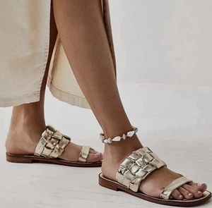 Free People Winding River Leather Sandals Gold Size UK5 EU38 Woven Slip On Slide - Picture 1 of 23
