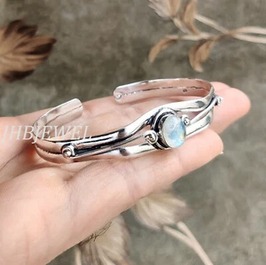 Rainbow Moonstone Gemstone 925 Sterling Silver Bangle Cuff For Everyone Gift - Picture 1 of 6
