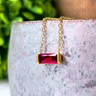14k Gold Garnet Birthstone Necklace - Rectangle January Gemstone - Dainty - Image 1 of 4